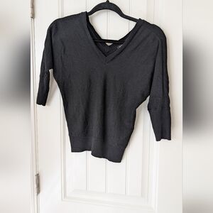 Black Merino Wool Double V Neck Short Sleeve Sweater XS